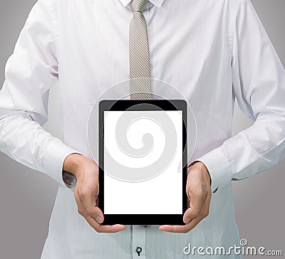 Businessman standing posture hand holding blank tablet