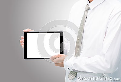 Businessman standing posture hand holding blank tablet