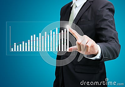 Businessman standing posture hand touch graph finance