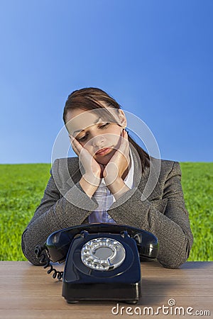 Businesswoman Woman Waiting for Old Vintage Telephone Call