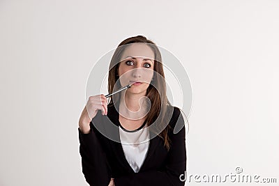 Bussiness Woman with Pen on White Background