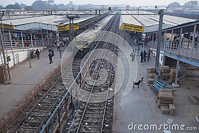 Busy and dirty train station in Agra, India