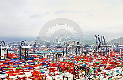 Busy port in the morning in Hong Kong from bird view.