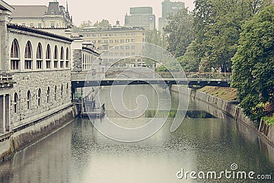 Butchers Bridge in Ljubljana during heavy rain