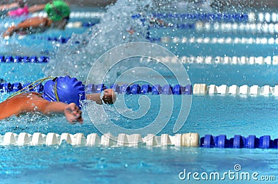 Butterfly swimmers during a race at a swim meet
