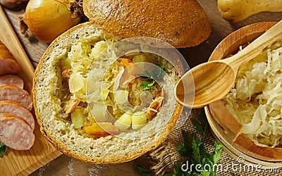 Cabbage soup in a loaf of bread