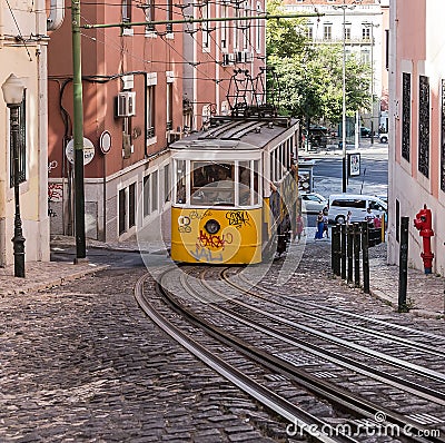 The cable car (funicular) moves uphill in Lisbon, Portugal