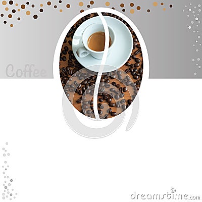 Cafe or restaurant card for coffee menu. Cup of hot coffee and coffee beans.