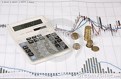 Calculator, coins, pen on Economic graph
