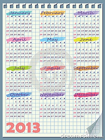 Calendar for 2013. Week starts on Sunday