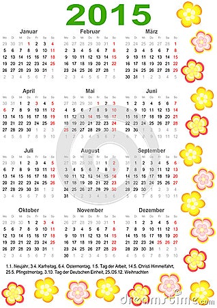 Calendar 2015 for Germany with holidays and flower