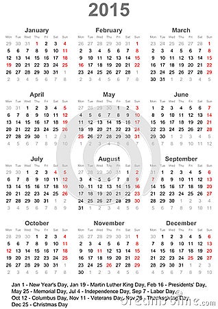 Calendar 2015 for the US