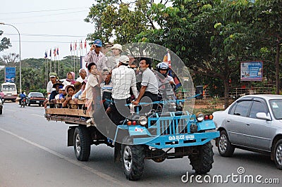 Cambodian people on tractor or pushcart for go to workplace