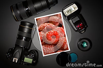 Camera lens and image on black background