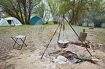 Campfire and tent