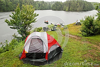 Camping site by a wilderness lake