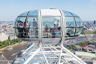 Capsule of the London Eye with aerial view over London