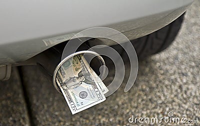 Car, exhaust pipe and money