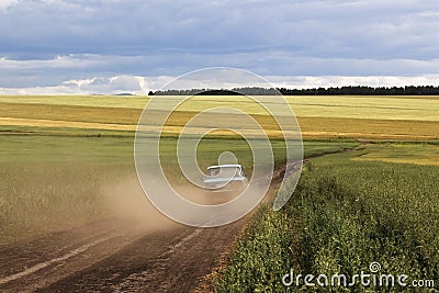 Car on ground road in the fields