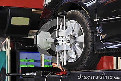 Car wheel fixed with computerized wheel alignment machine clamp