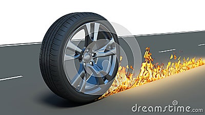 Car wheel and track fire on the road
