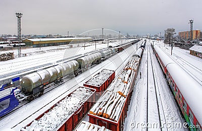 Cargo train platform at winter, railway