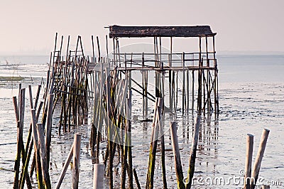 Carrasqueira in Portugal. Port made of wood, piers and cabins