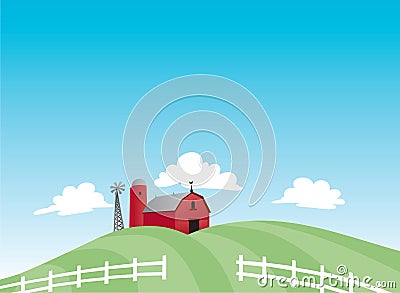 Cartoon farm with red barn, a silo and windmill set on rolling hills 