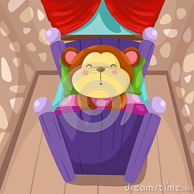 Illustration of cartoon monkey sleeping in bed.