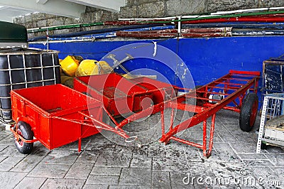 Carts and buoys on fishing store