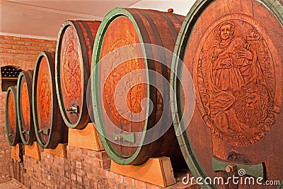 Carved casks in wine cellar of great Slovak producer