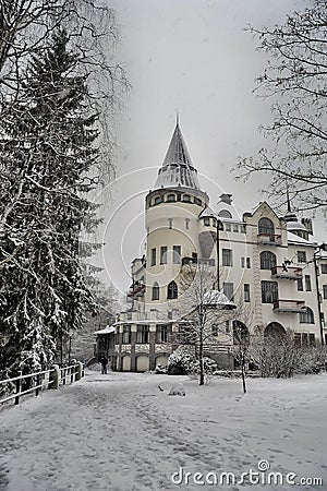 Castle among the snow-covered landscape