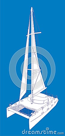 Catamaran Boat Vector Drawing Look Like Paint Isolated On Blue.