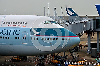 Cathay Pacific 747 jumbo jet parked at Hong Kong airport