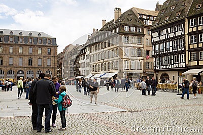 The cathedral square in Strasbourg with tourists