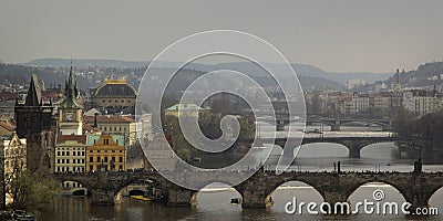 The center of Prague, the Vltava River, bridges