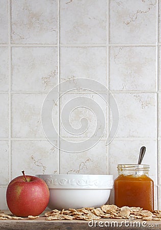 Ceramic cup with an apple and jam, space for text