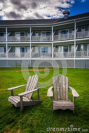 Chairs in front of a waterfront hotel in Bar Harbor, Maine.