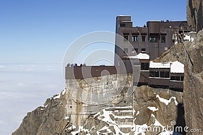 Chamonix terrace overlooking Mont Blanc massif at the mountain top station of the Aiguille du Midi in French Alps