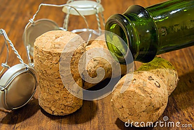Champagne bottle and corks