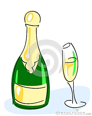 Champagne bottle, glass