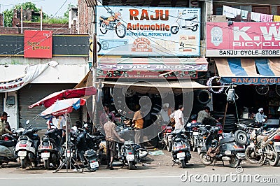 Chaotic motorbike repair service work, India