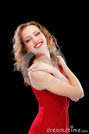 Charming lady in red evening dress