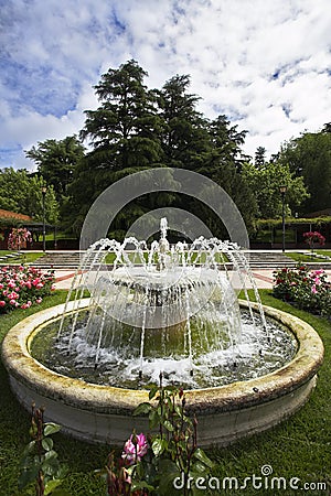 Charming round fountain in a garden of roses