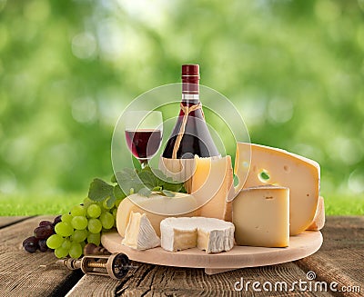 Cheeseboard, grape and red wine