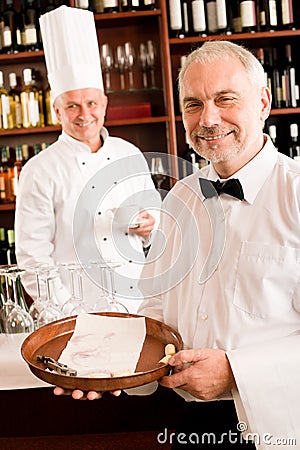 Chef cook drink coffee waiter tray restaurant