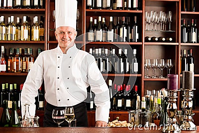 Chef cook wine bar standing confident restaurant