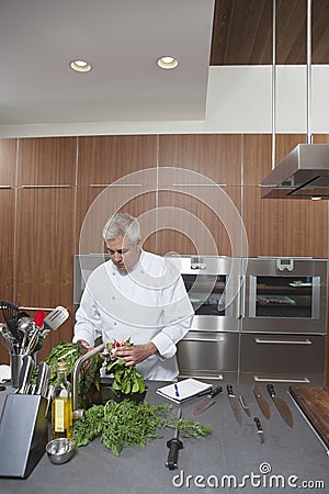 Chef Washing Leafy Vegetables In Commercial Kitchen