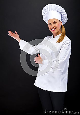 Chef woman showing somthing by hands