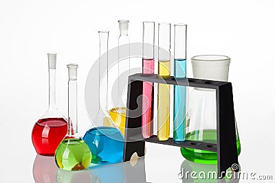 Chemistry set with test-tubes and beakers filled with multicolo